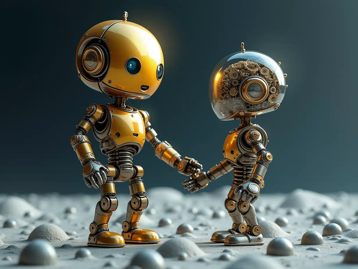 Create a high-resolution, realistic image of artificial intelligence Robert, two meters and a robot one meter high, with gears on arms and legs, gears on cheeks and a glass head with visible gold plated brain, screws with many gears, and many small glass balls on the moon ground at 4k resolution