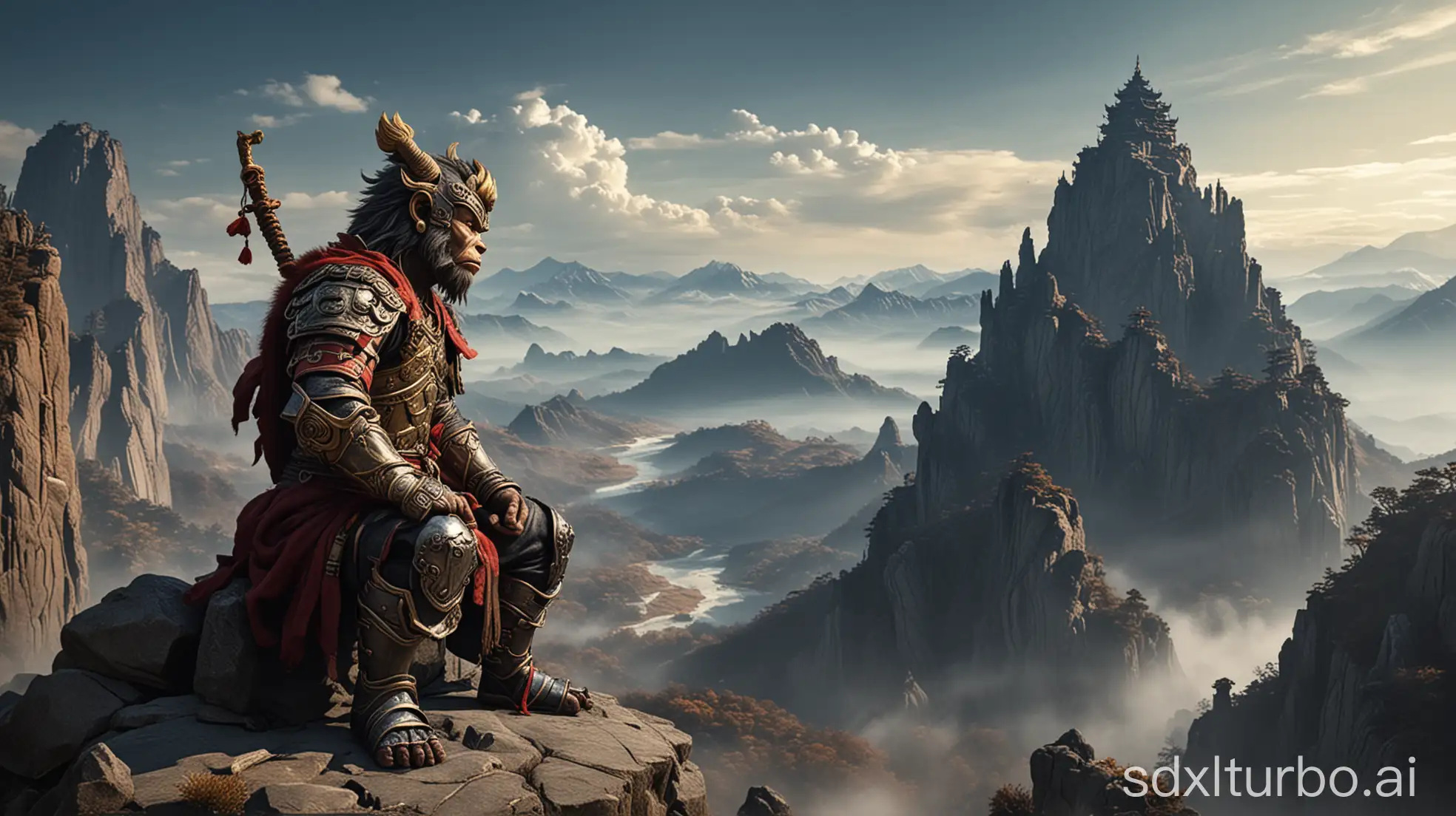 Wukong in Journey to the West occupies only 1/6 of the image, Wukong is meditationing on a high mounta in, facing away from the viewer. Wukong wearing an iron armor black. The surrounding scenery is majestic, with a distant monster in the background.