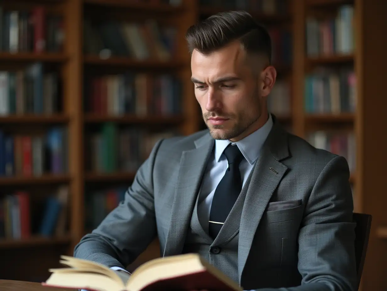 A decent clean man wearing suit of grey color , with army haircut , sitting in library and reading a book