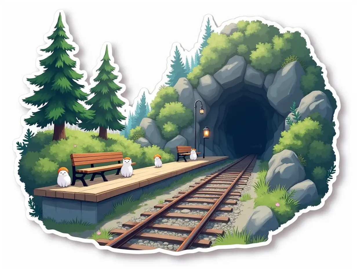 A curved cut-out laminated sticker depicting a railway platform with benches, lanterns and small white cats in orange helmets. There are rocks and coniferous trees around the platform, and the rails from the train are directed into a cave in the rock. cut sticker design, high resolution, white background, paint in anime style