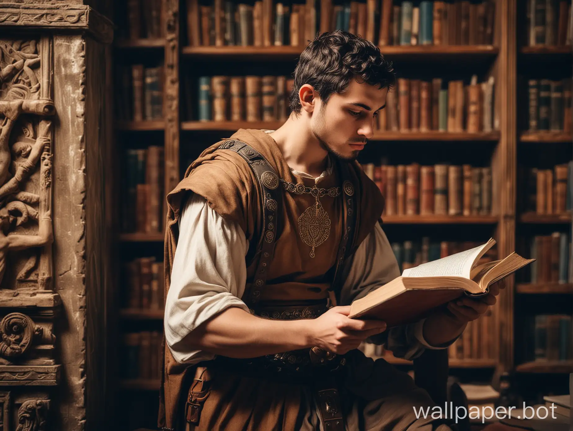 A young stoic warrior reading book in his library
