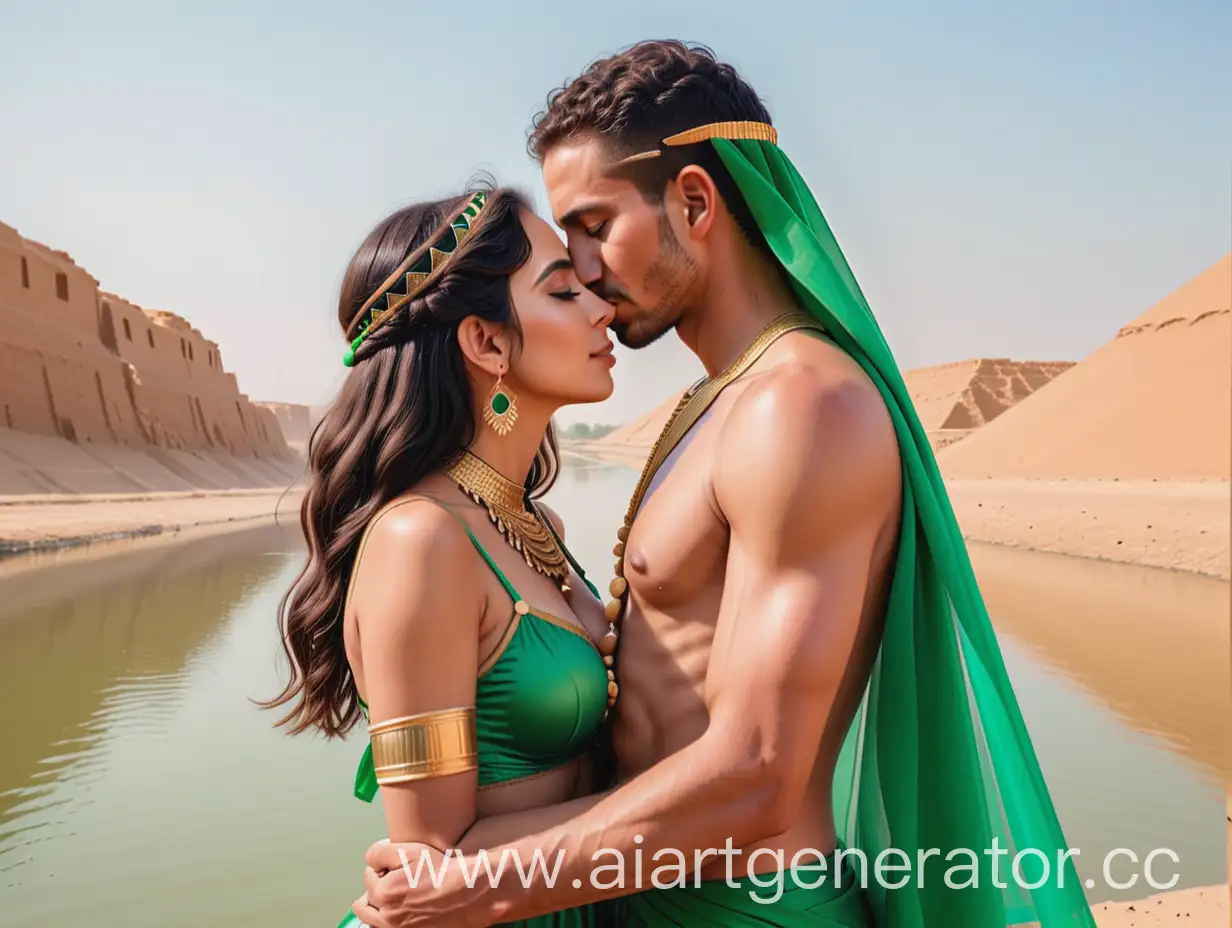 Romantic-Couple-Embracing-and-Kissing-by-the-Red-Nile-in-Egyptian-Attire