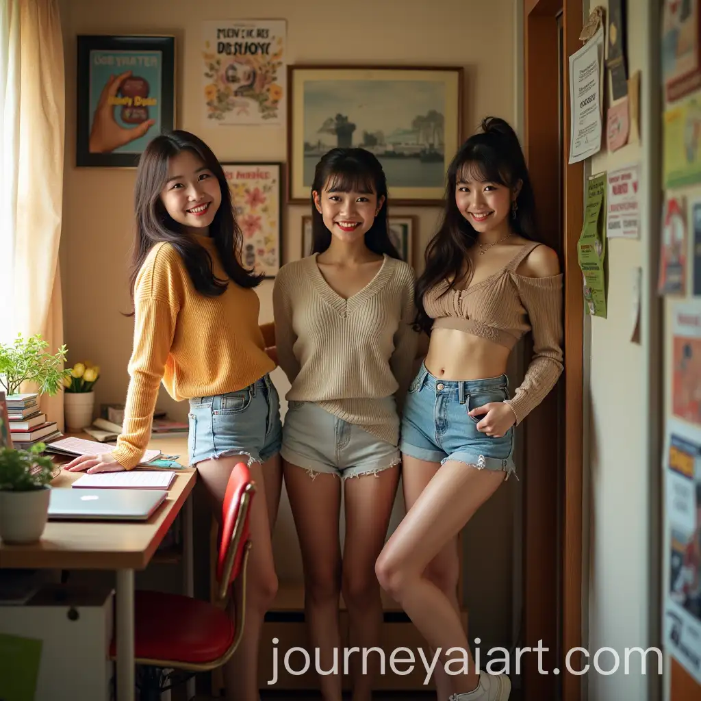 Three-Stylish-Asian-University-Girls-in-Cozy-Dorm-Room