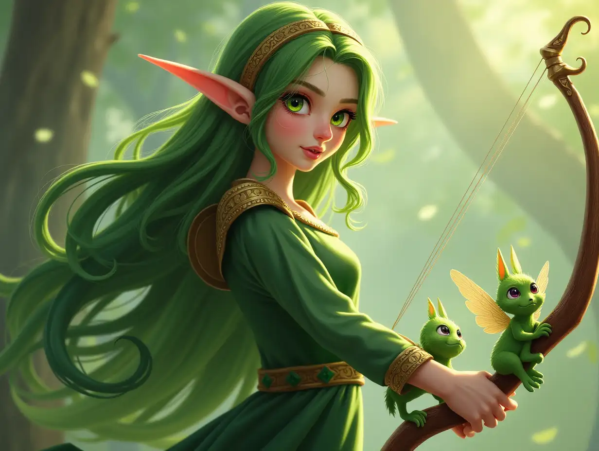 female elf with long green hair, green eyes, a bow that looks like a small harp, green dress, with little wind creatures