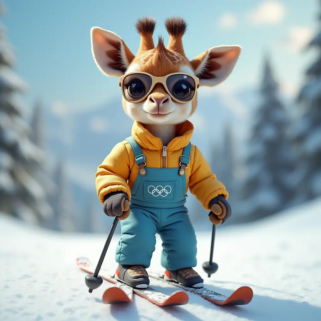 small baby Giraffe with glasses dressed as a skier in Olympic Games