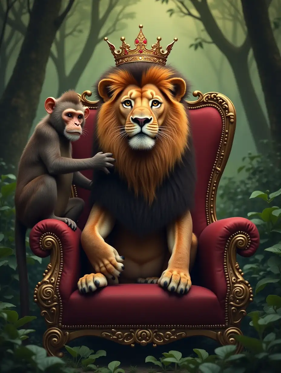 Show a jungle lion sitting on a majestic chair in the forest and a monkey placing a royal crown on the lion's head