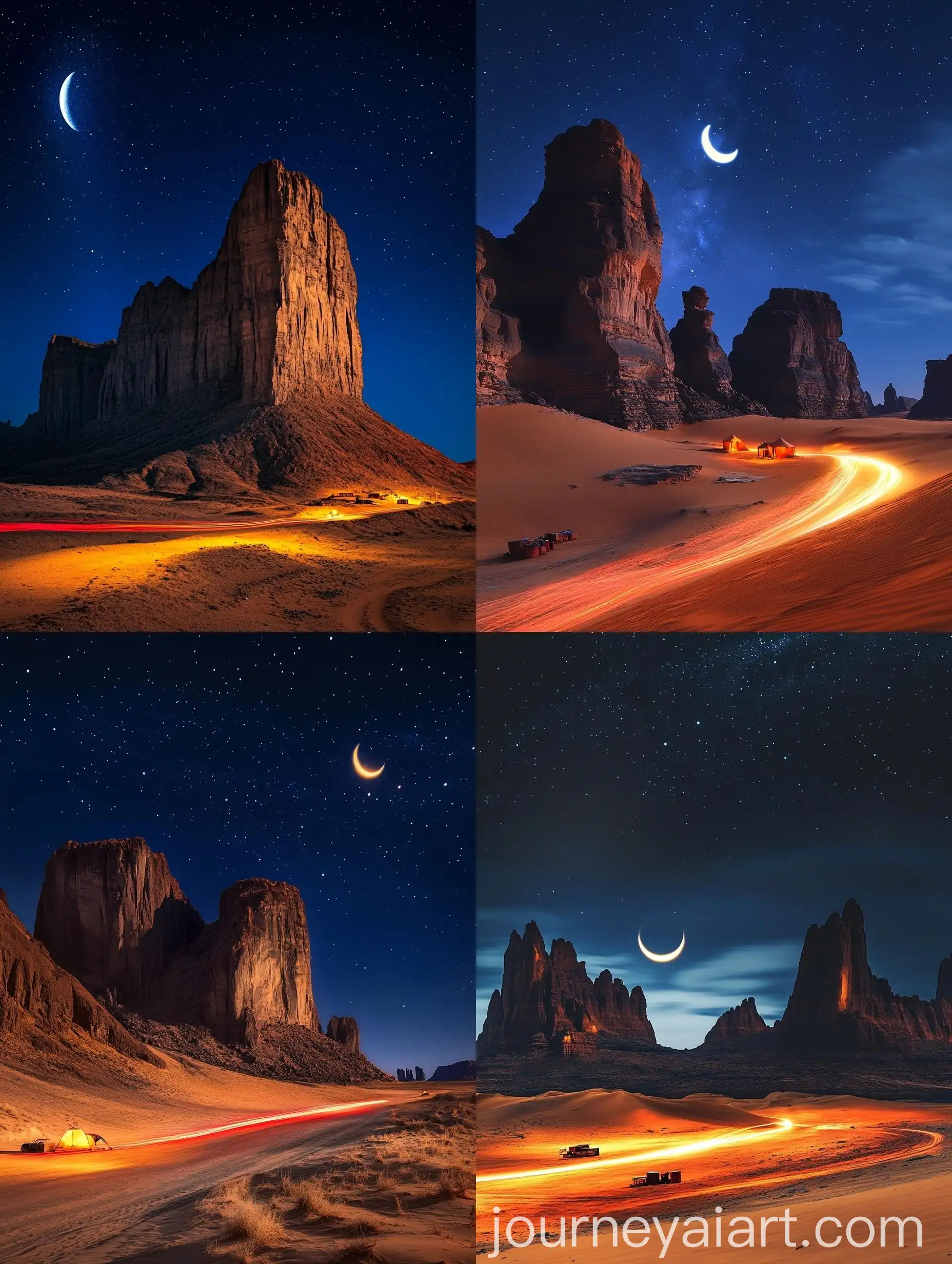 Dramatic-Night-Desert-Landscape-with-Rock-Formations-Stars-and-Campfire-Glow