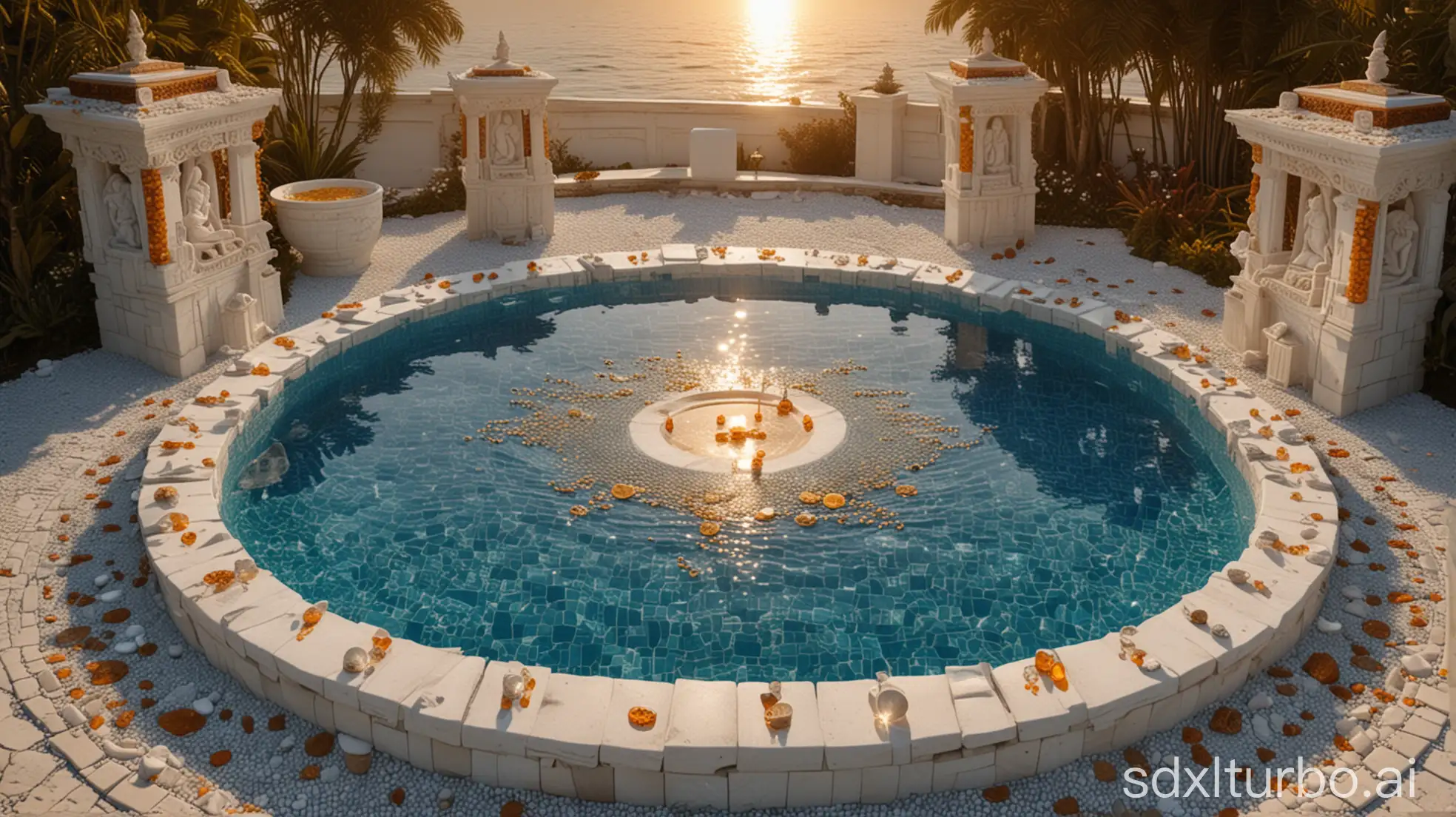 a magical atlantide outdoor spa in atlantide style, with adorned white stone and amber sculptures, magical many signs on walla, crystals, cups, blue and white pool mosaic, sunset atmosphere, highly detailed