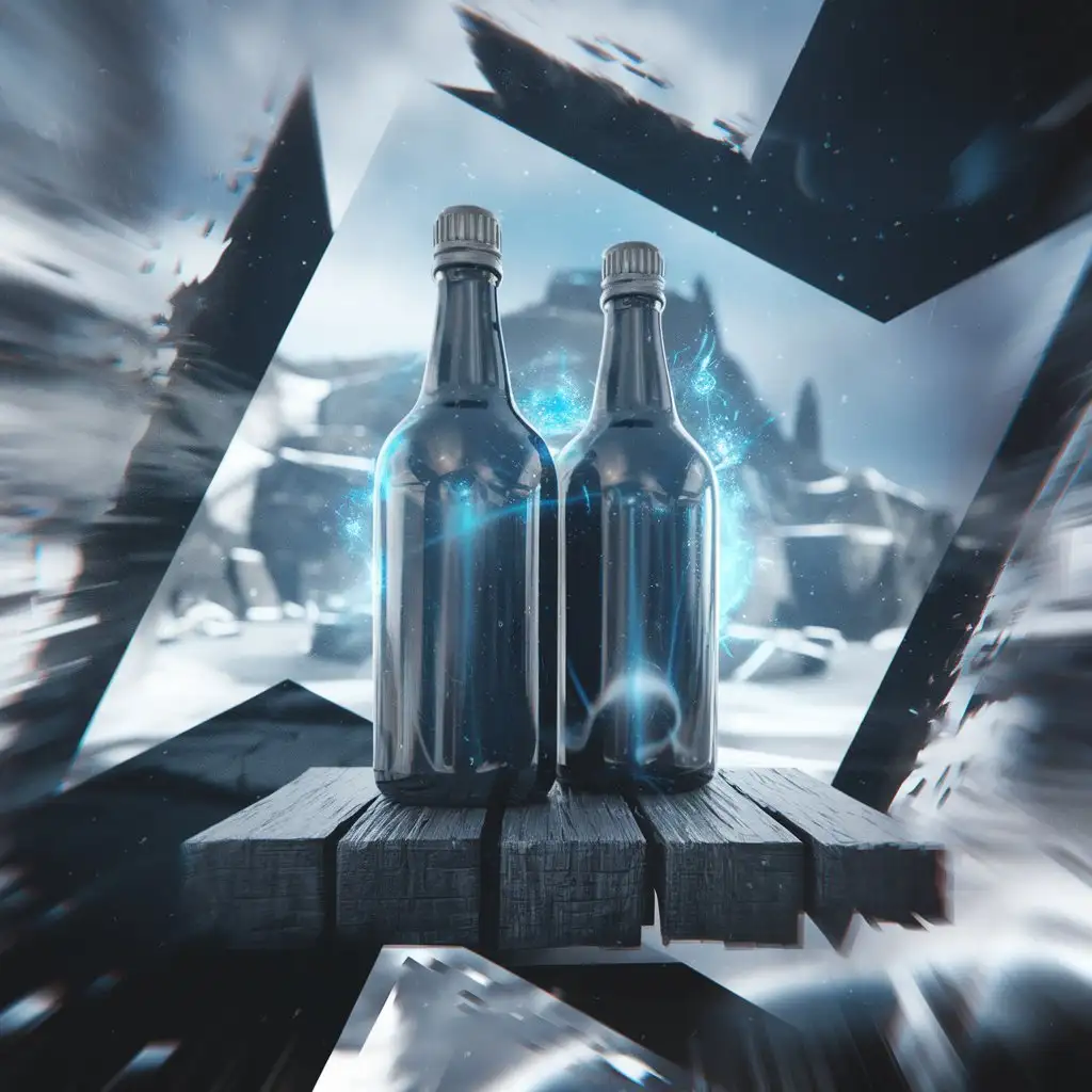 two bottles are standing in front of a winter nature and rocks with 3d special effects