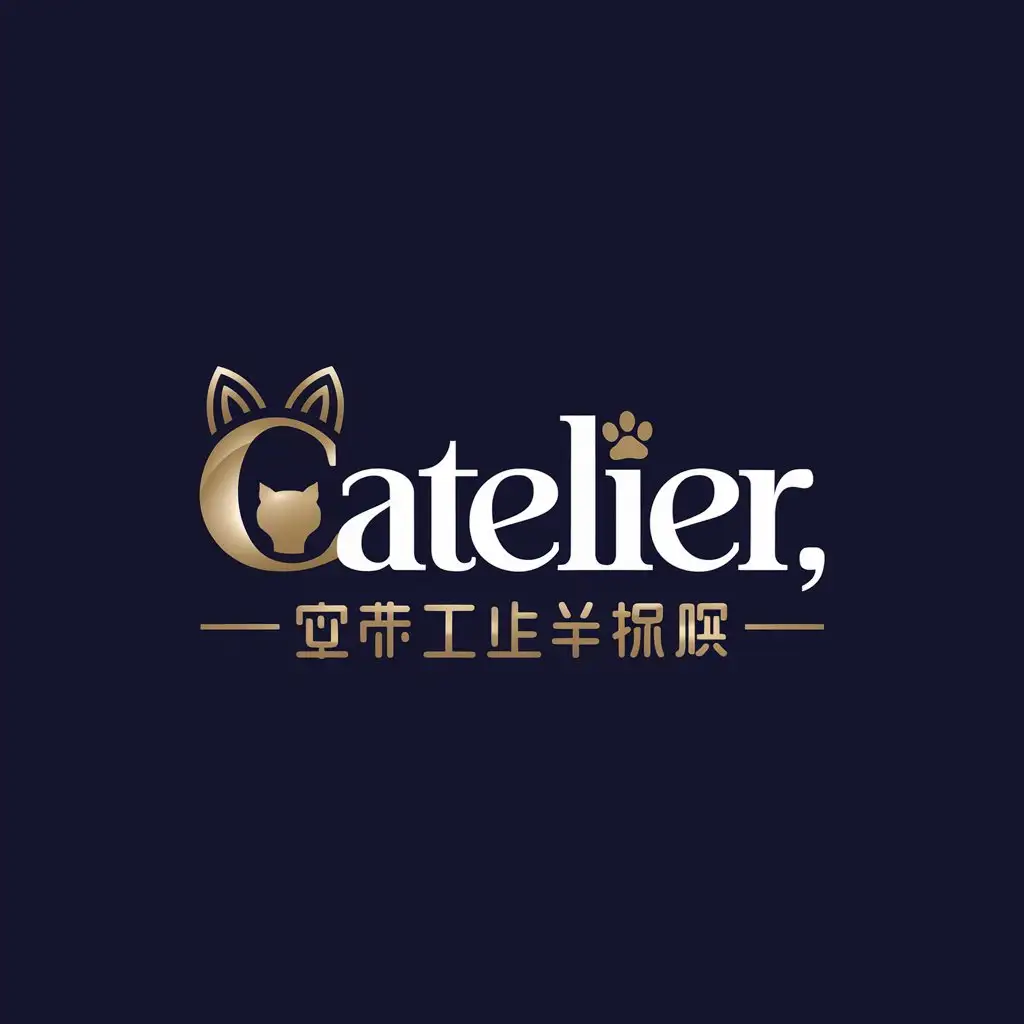 LOGO Design for CATelier Navy Blue Gold with Cat Ears Paw Print and Hidden Cat Silhouette