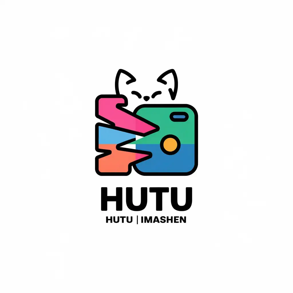 LOGO Design for Hutu Imashen Vibrant Colorful Cat and Camera Symbol in Simple Line Style for the Internet Industry