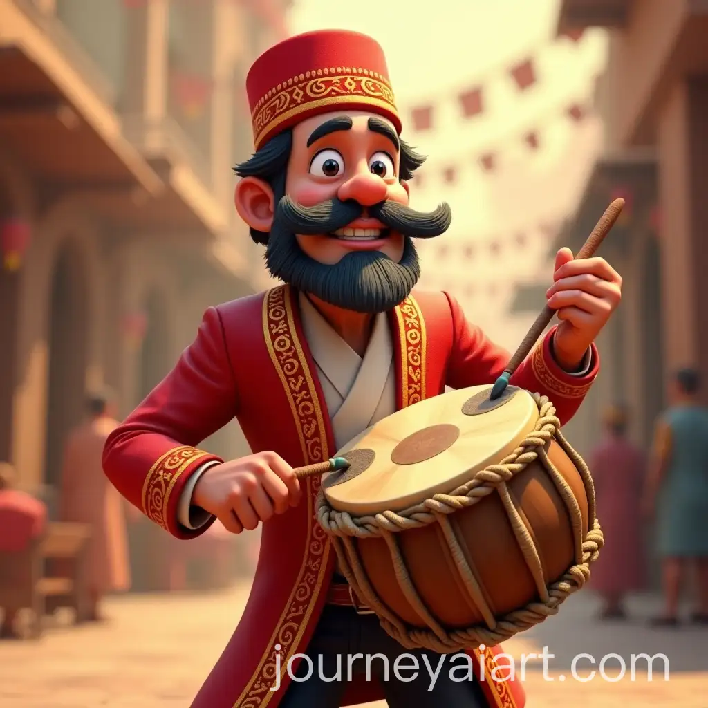Traditional-Middle-Eastern-Drummer-in-Festive-Celebration-with-Red-Fez-and-Drum