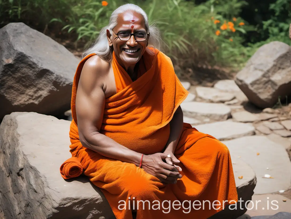 Happy-Indian-Hindu-Senior-Woman-Monk-Laughing-in-Ashram-with-Gifts-and-Flowers