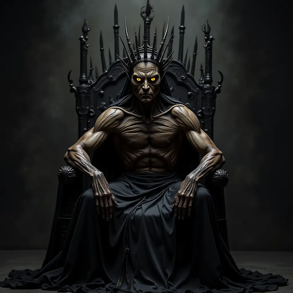 Muscular-Charred-Corpse-Sitting-on-Black-Metal-Throne-with-CatLike-Yellow-EyesAI-Art-Expansion