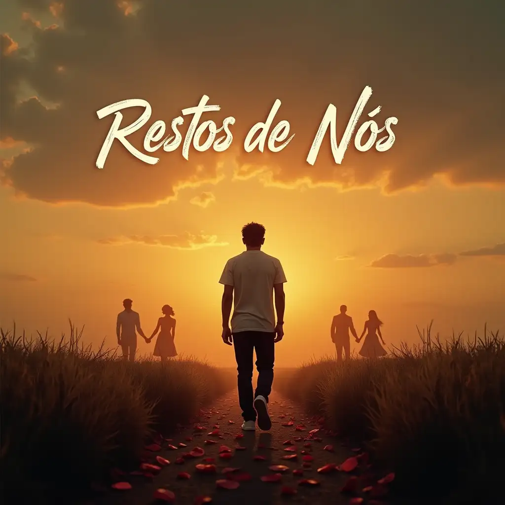 Create an emotional and introspective music cover. The image should convey the pain of a broken heart, the lessons learned after betrayal, and the sense of freedom after overcoming the past. Show a male figure walking alone in a field at sunset, with warm and melancholic tones in the sky. Behind him, symbolic shadows of a separated couple represent the past left behind. On the ground, fallen rose petals symbolize a broken love. The title 'Restos de Nós' should be prominently displayed in a cursive and soft font, reflecting both the pain and the process of moving on. The scene should contrast darkness and light, illustrating the weight of betrayal on one side and hope on the other.