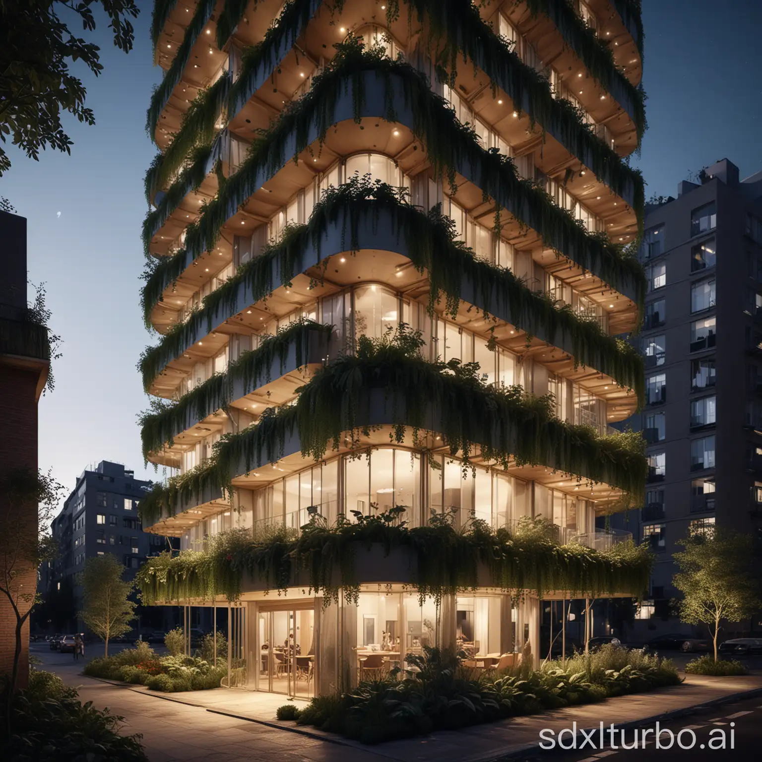 A futuristic cylindrical apartment tower wrapped in a three-dimensional T-shaped parametric lattice façade, with a glass-clad central elevator core. Each floor opens onto a semi-circular communal terrace that fans out from the core, featuring built-in seating, planter boxes, and sculptural lighting. The façade pattern dynamically shifts in density and rotation to optimize daylight filtering and natural ventilation. Topped with a lush rooftop sky-garden—complete with walking paths, community planters, and ambient LED lighting—this design blends advanced algorithmic geometry, biophilic materials, and communal living. Render in high-quality architectural visualization style, soft natural lighting, and subtle night-time glow for the sky-garden.