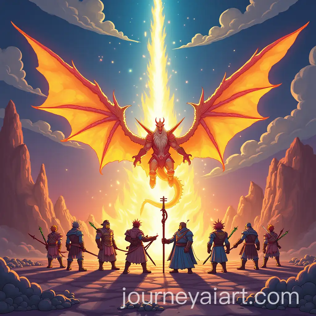 8-Warriors-of-Light-Battling-Celestial-Dragon-Boss-in-Simpsons-Style-Arena
