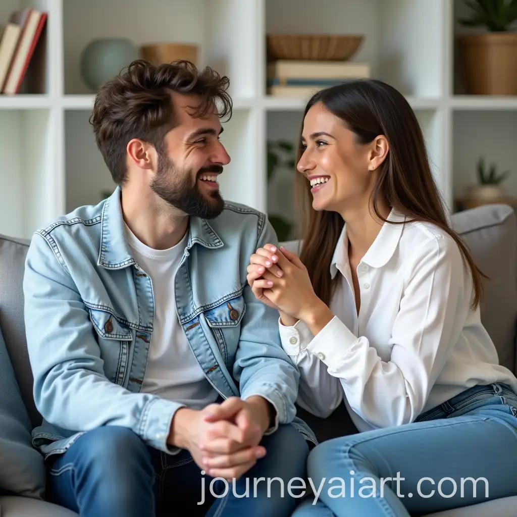 Young-Couple-Engaged-in-Lively-Conversation-on-Cozy-Gray-Couch-in-Modern-Living-Room