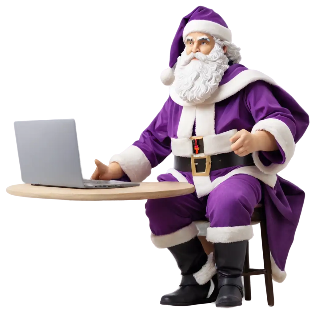 Greek-Statue-in-Purple-Santa-Claus-Outfit-Sitting-at-a-Desk-with-Laptop-PNG-HighQuality-Image-for-Versatile-Use