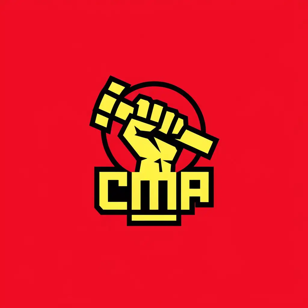 LOGO Design for Bold Red Background with Yellow Fist and Hammer Symbolizing Strength and Unity