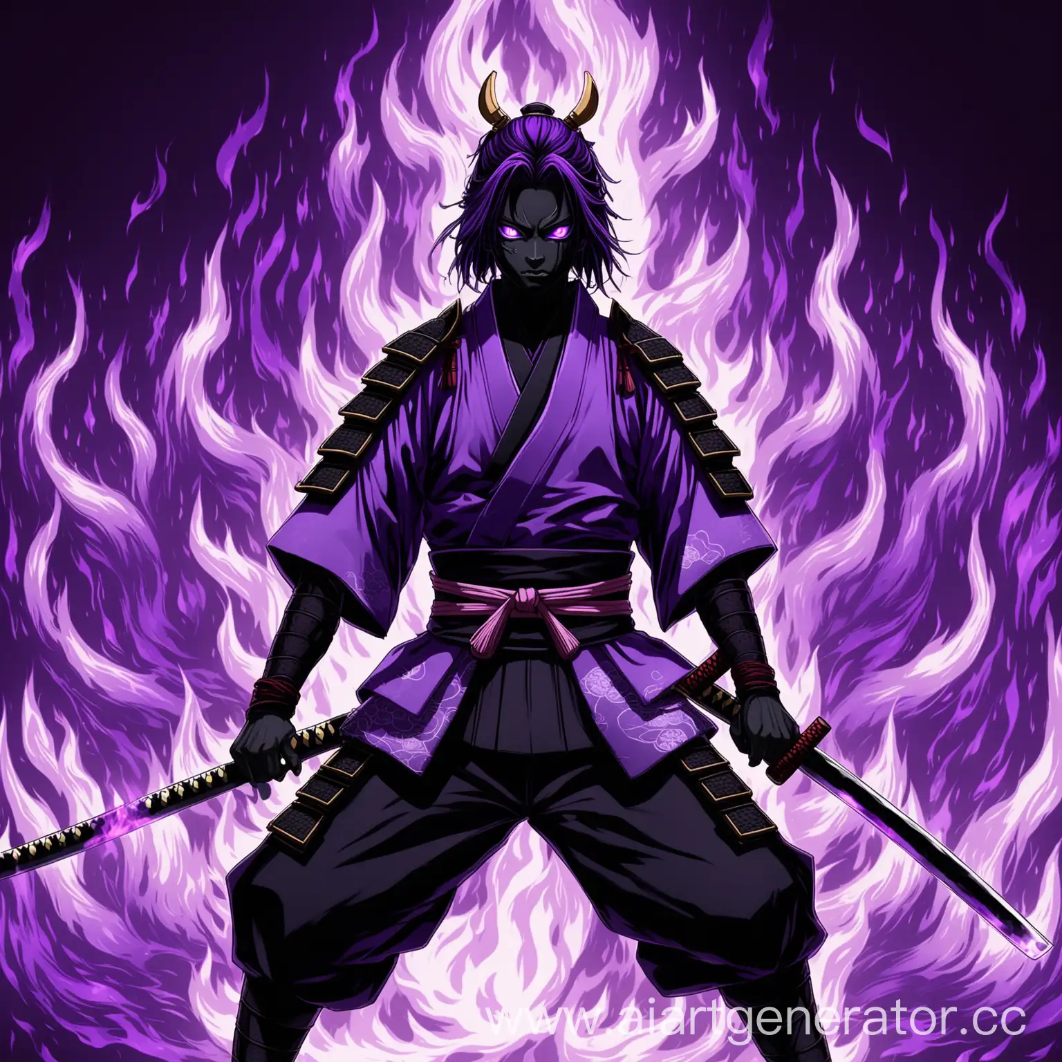 Samurai-in-Purple-Kimono-with-Purple-Flame-Background