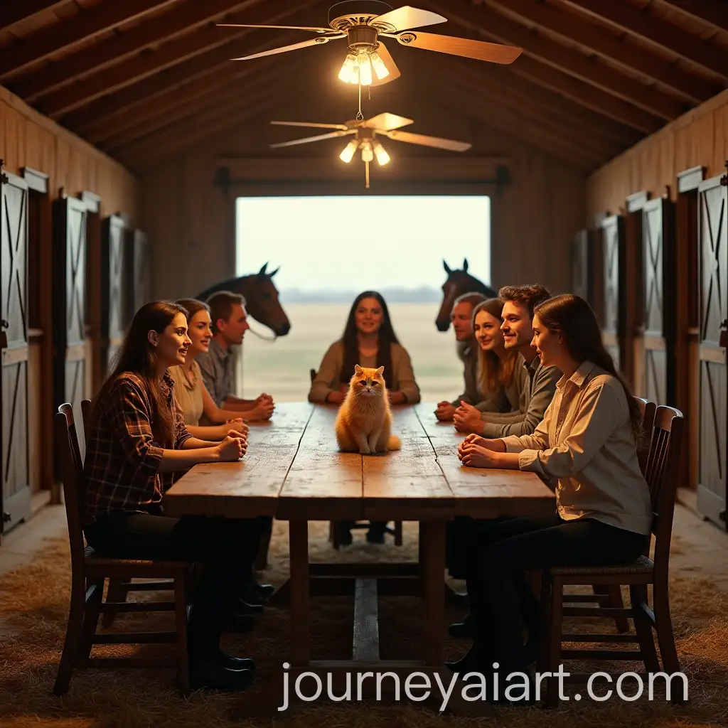 Gathering-of-Friends-in-a-Rustic-Stable-with-an-Orange-Cat