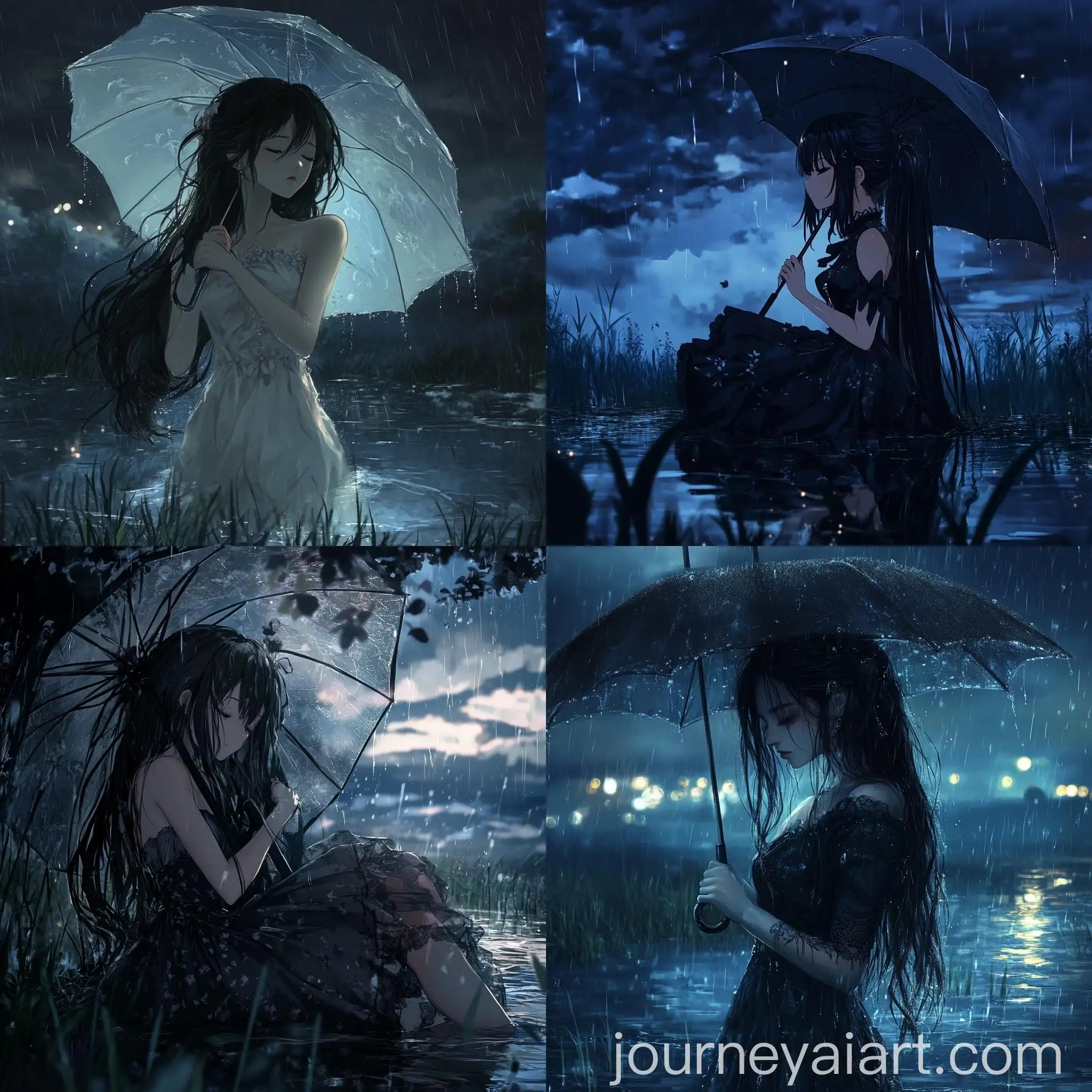 Girl-Holding-Umbrella-in-Night-Rain-Outdoors