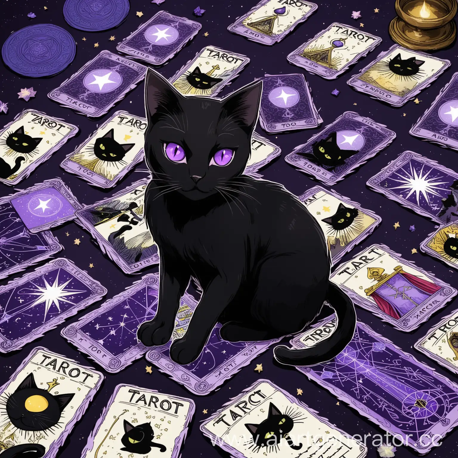 Mystical-Black-Cat-with-Tarot-Cards-and-Purple-Eyes