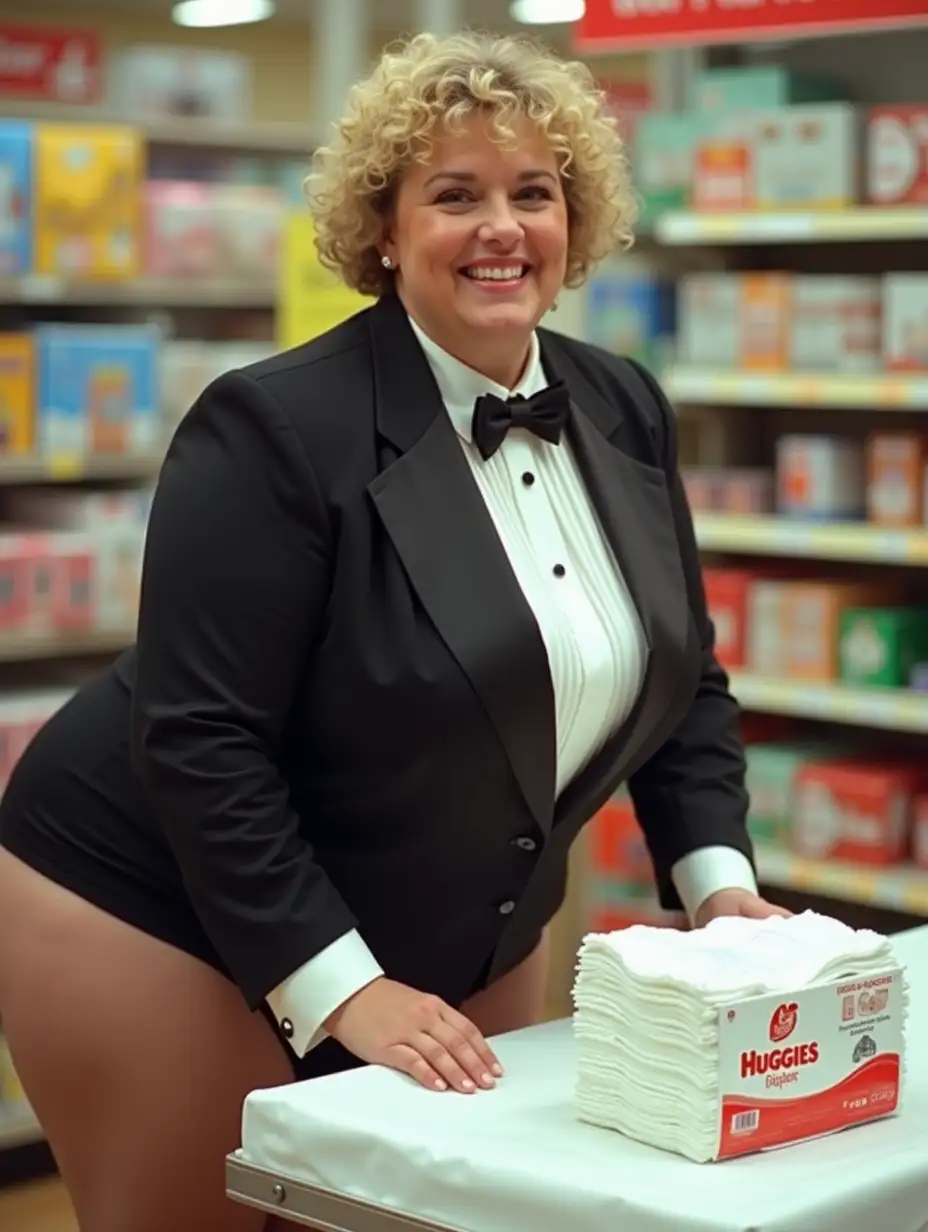 Caucasian-Woman-in-Formal-Tuxedo-Demonstrating-Diaper-Products-in-Supermarket