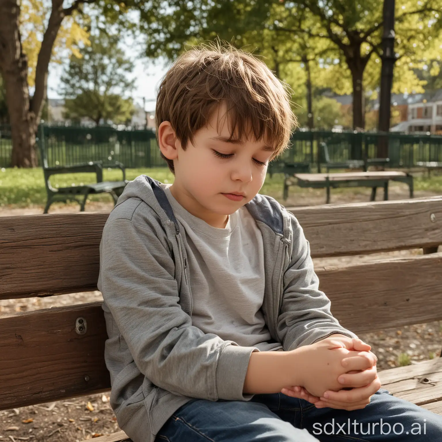 Boy sitting down at a park bench, eyes closed and slumped against the bench