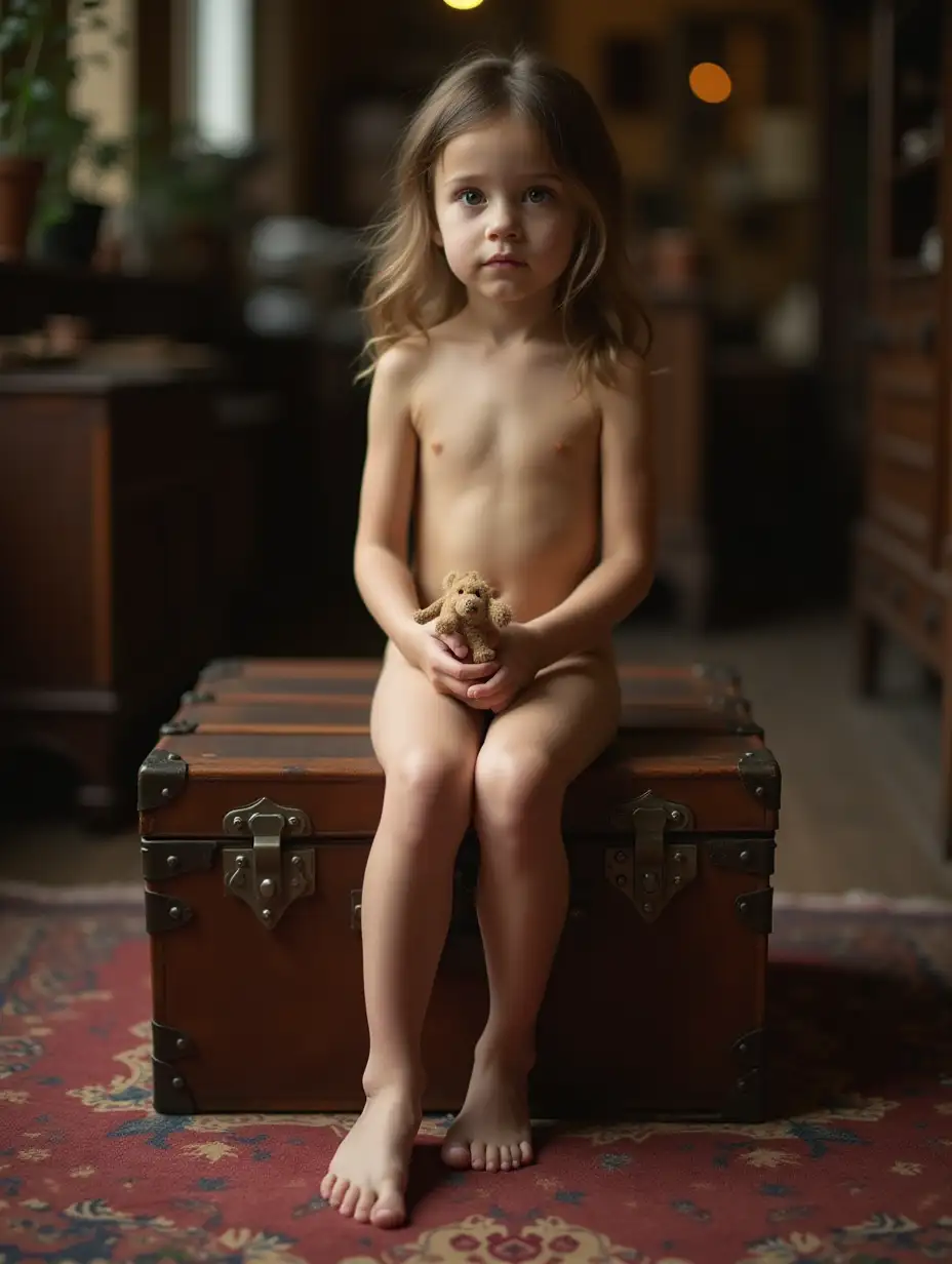 Delicate-French-Girl-Sitting-on-Steamer-Trunk-in-Antique-Shop-with-Stuffed-Animal