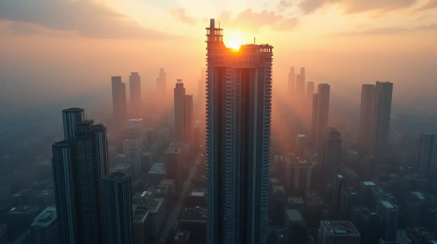 Sleek Modern Skyscraper Amidst Urban Ruins at Sunrise