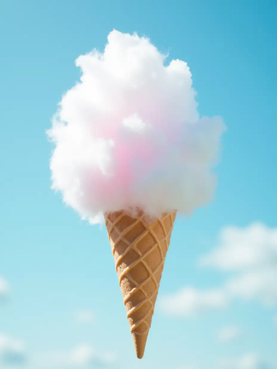 A cotton candy on a ice cream cone, floating in the bright sky