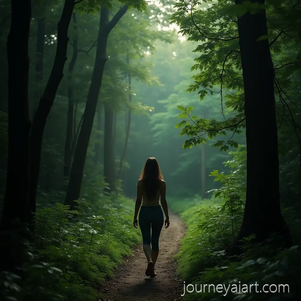 WomanWoman-walking-in-forest-Walking-Behind-a-House-with-a-Lush-Green-Forest-in-the-Background