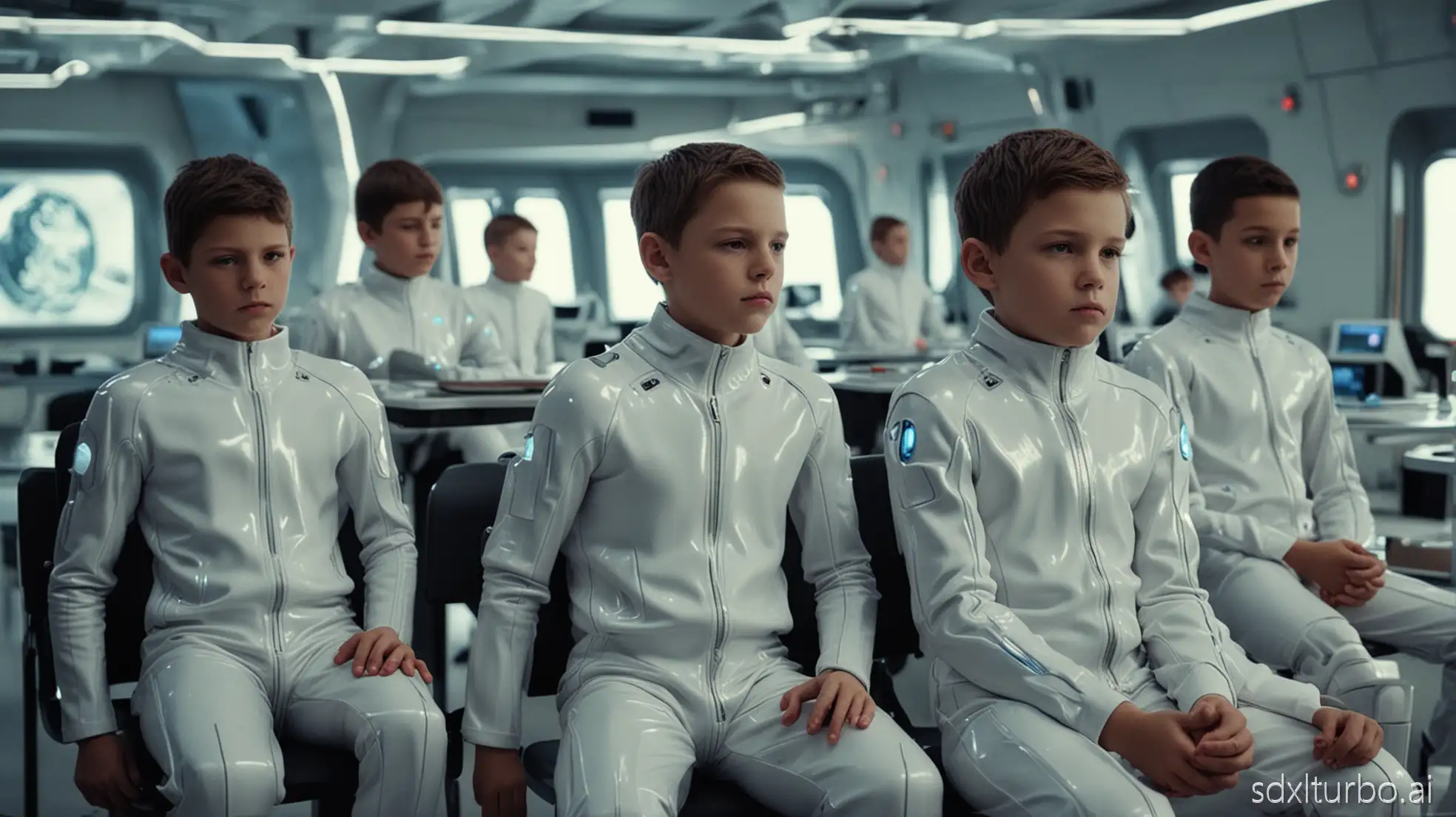 9-yo boys sitting orderly in a futuristic classroom at futuristic desks. wearing tight onepiece school uniform onesie suits made out of rubber. strict overall appearance, concentrated