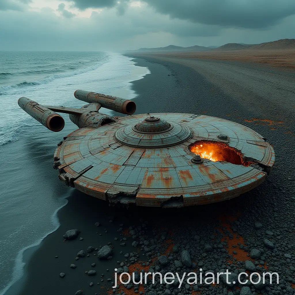 Wreckage-of-a-Colossal-Starship-on-a-Desolate-Beach-with-Chaotic-Scenery