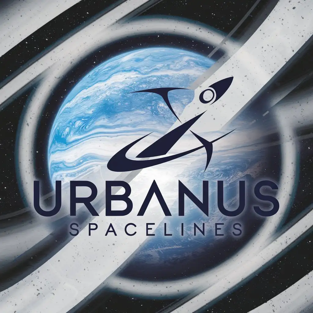 LOGO Design for Urbanus Spacelines Rocket Symbol with Blue and White Theme on Uranus Background