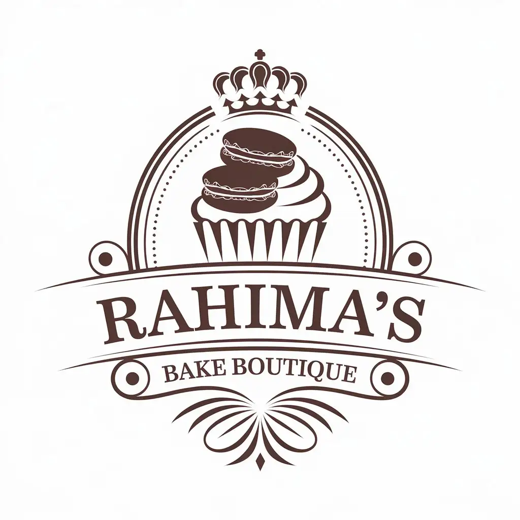 a vector logo design,with the text "Rahima's Bake Boutique", main symbol:Macarons, cupcakes, kroon bakery,Moderate,be used in Restaurant industry,clear background