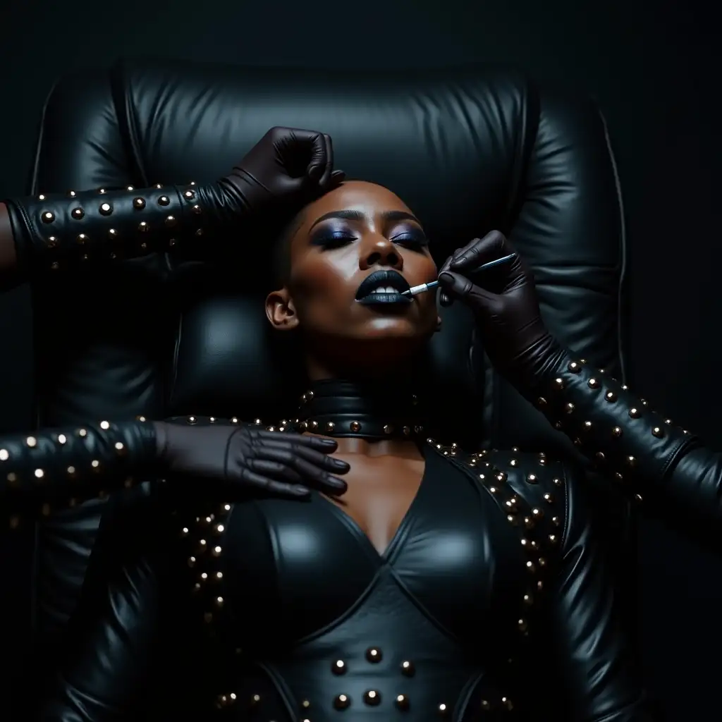 bright lighting, african woman in black studded leather, lying back in large leather studded hypnosis chair watching video screen and looking blank, look of pain, leather studded gloves, shaved shiny head, cat eye rim glasses, black lipstick, blue eye shadow, mouth open, thick leather studded pillow behind head, second african woman in studded leather, inserting injection needle into temple, holding chin tightly, mouth open, leather straps on arms buckled tight, leather studded collar, finger less leather studded gloves, third african woman in studded leather fastening leather studded collar around neck tightly