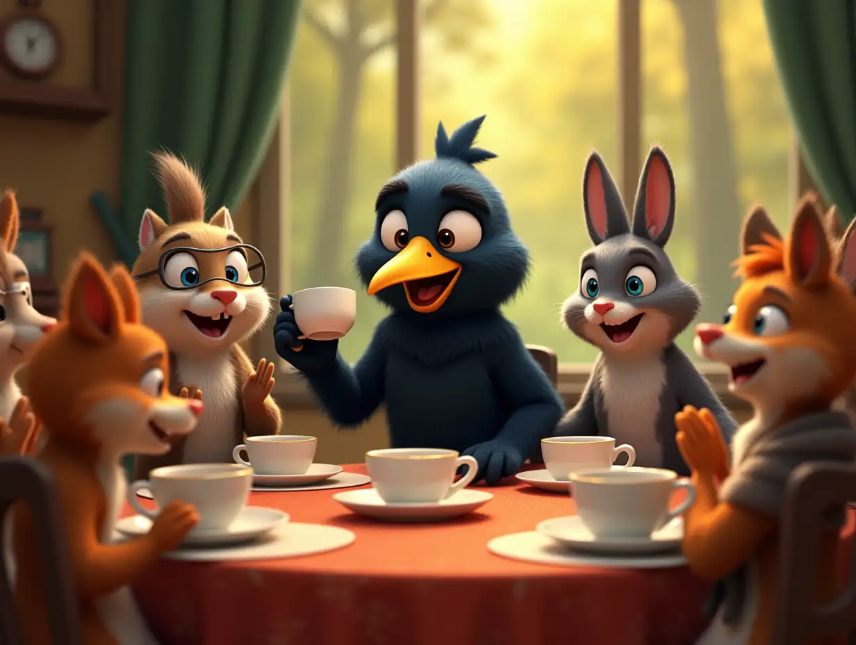 A cartoon crow presents as various forest birds and animals (squirrels, rabbits, other crows) in fancy costumes and dresses sit at a festively set table with coffee cups. The animals lift the cups with excited faces, applauding the crow. Bright colors, smooth lines, Pixar style with expressive character mimics.