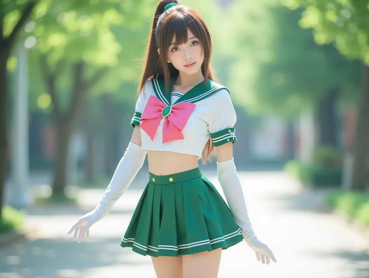 A Japanese idol is standing outdoors, cosplaying a character from an anime or manga series. oval face, white and shiny skin, long legs. The character wears a white and green sailor-style uniform, featuring a large pink bow on the chest with a green gem in the center. The outfit includes long white gloves that reach up to the elbows, a green pleated skirt, and green knee-high boots adorned with white laces. The person's long brown hair is styled in a high ponytail, secured with a green hair accessory. Backlight, 8K, masterpiece, soft contrast, subsurface scattering effect, sharpness. hyper realistic photograph, dynamic pose.