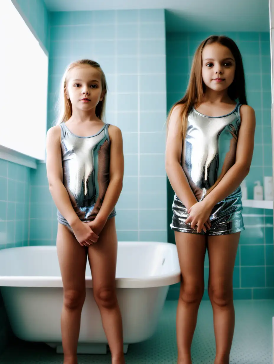 Two-Adorable-Young-Girls-Standing-in-Bathroom-with-Shiny-Skin