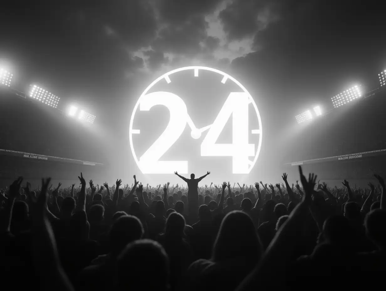 Generate a high-contrast black and white image of a massive stadium filled with thousands of people, all gathered in intense anticipation and worship. The central focus is a gigantic, glowing clock with the number “24” boldly displayed, emitting a stark white light that illuminates the scene. A group of silhouetted figures stands in front of the clock, creating a sense of mystery and significance. The crowd is deeply emotional, with individuals crying out, praying, and raising their hands in desperation and expectation. The sky is filled with dark storm clouds, but powerful beams of light break through, casting dramatic shadows and highlighting the depth of the moment. The monochrome palette enhances the contrast, making the intensity of expressions, the glowing clock, and the vastness of the crowd stand out with cinematic depth. The image should convey a feeling of urgency, divine revelation, and profound spiritual awakening.