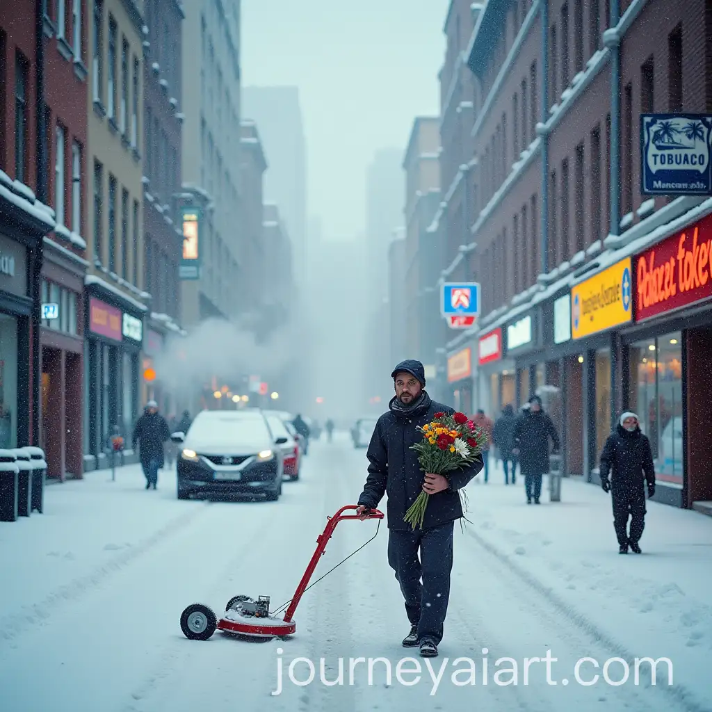 Snowy-Street-in-Blizzard-with-Street-Cleaner-Man-Carrying-Flowers-and-Tobacco-Shop