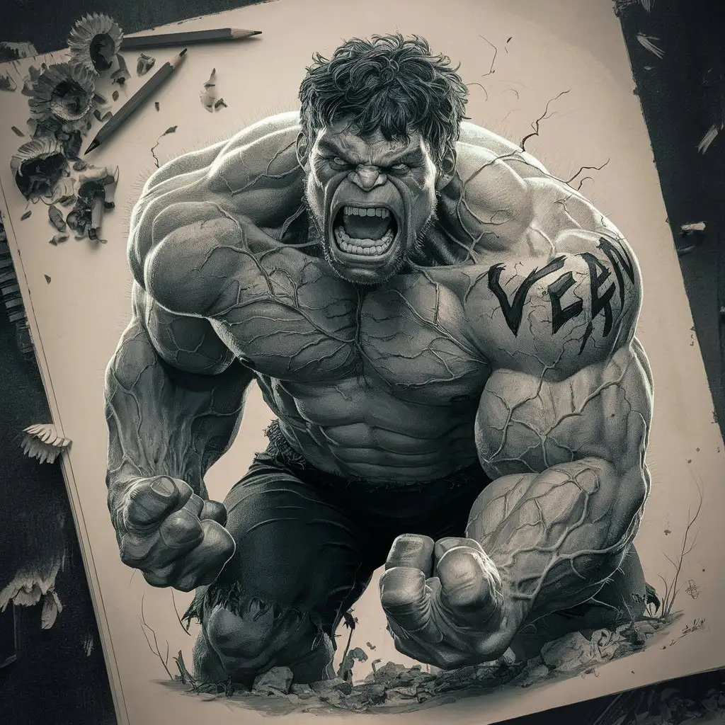 Monochrome Hulk Drawing Powerful Vean Tattoo Design