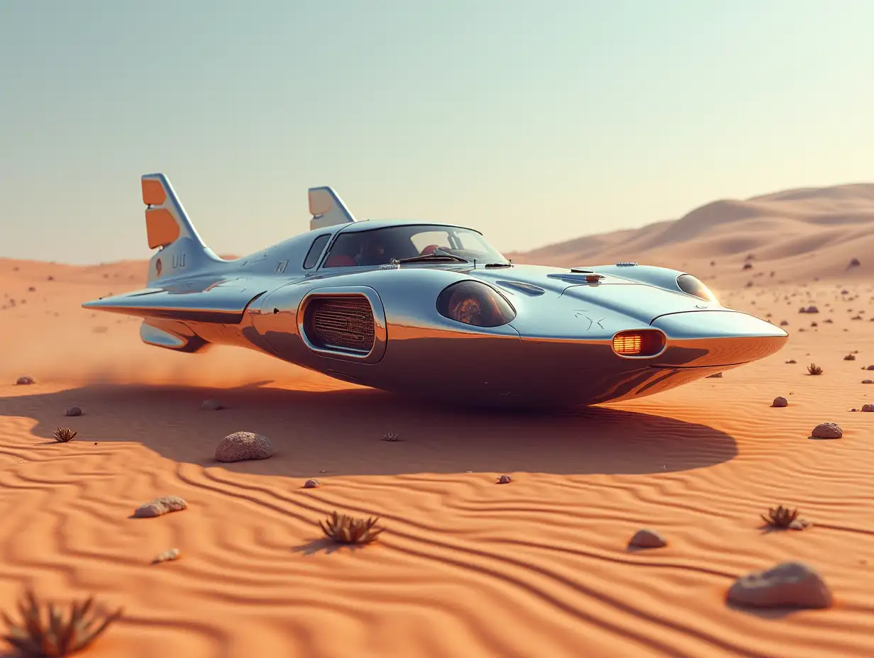 Create a high-gloss spaceship in the desert