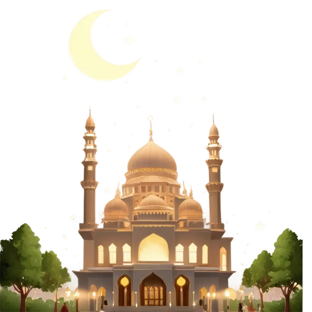 Peaceful-Night-Ramadan-Mosque-Scene-PNG-with-Moon-Lanterns-and-People-Breaking-Fast