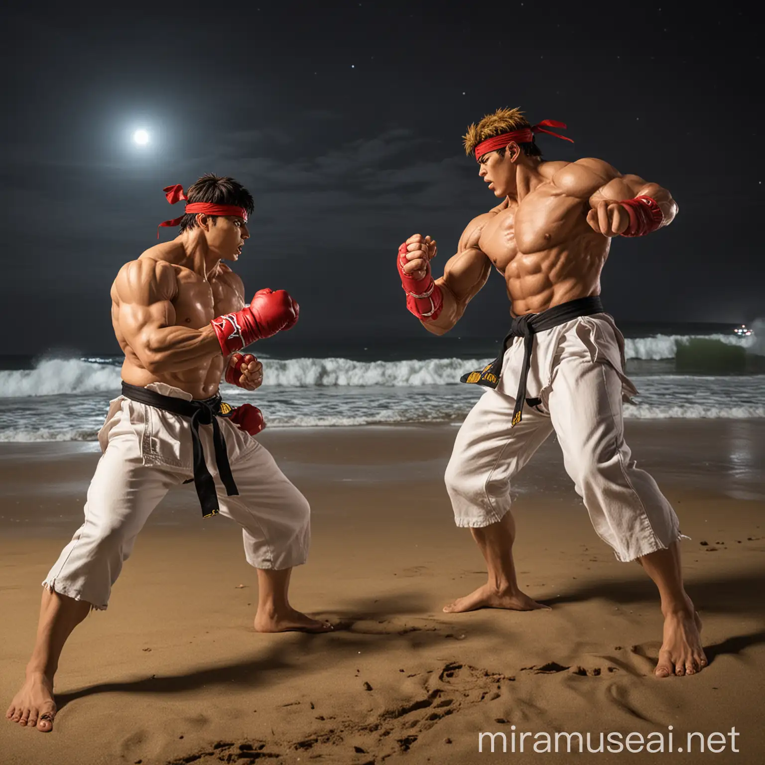Night Beach Battle Ken and Ryu Street Fighter Duel in Brazil
