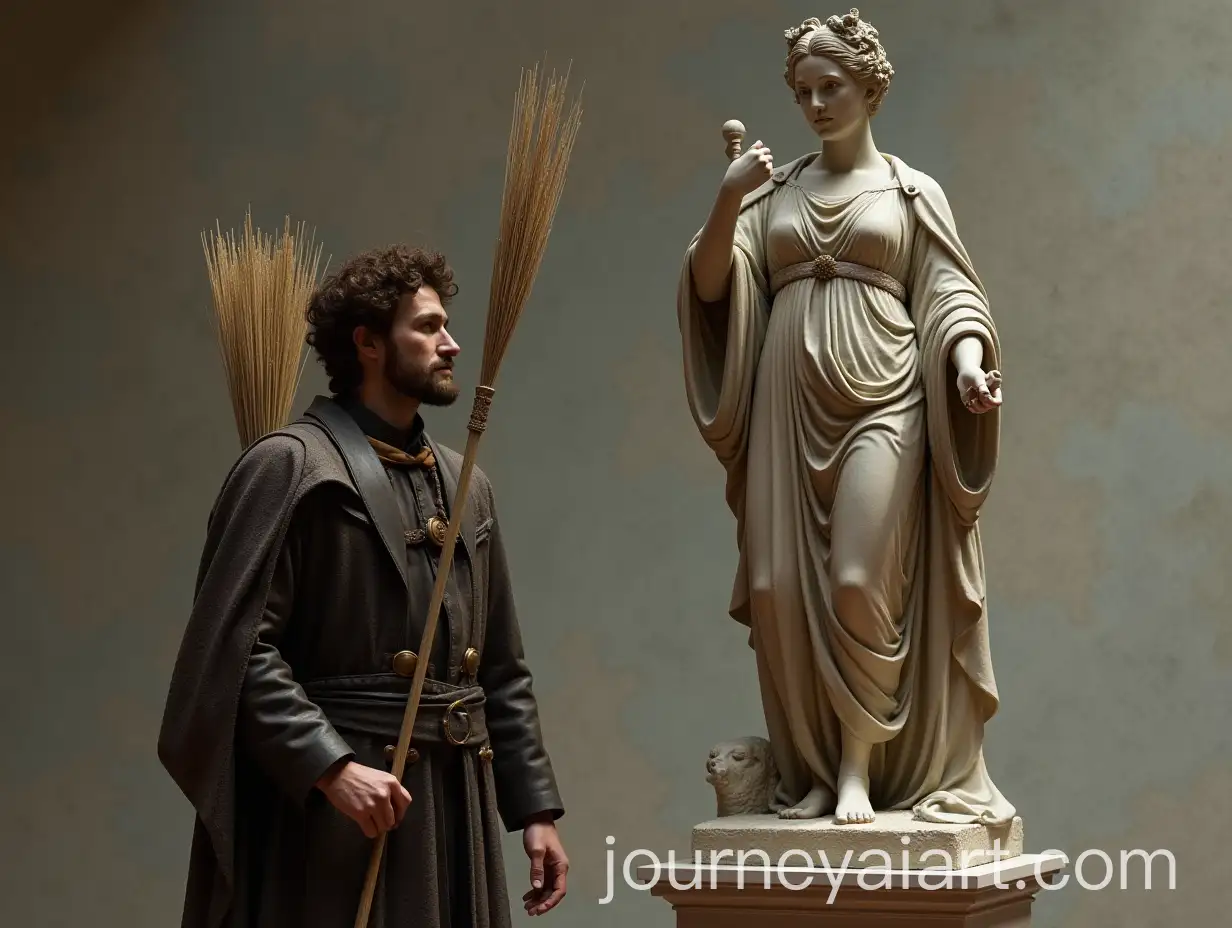 Man-Holding-Broom-Standing-in-Front-of-Statue-of-Beautiful-Woman