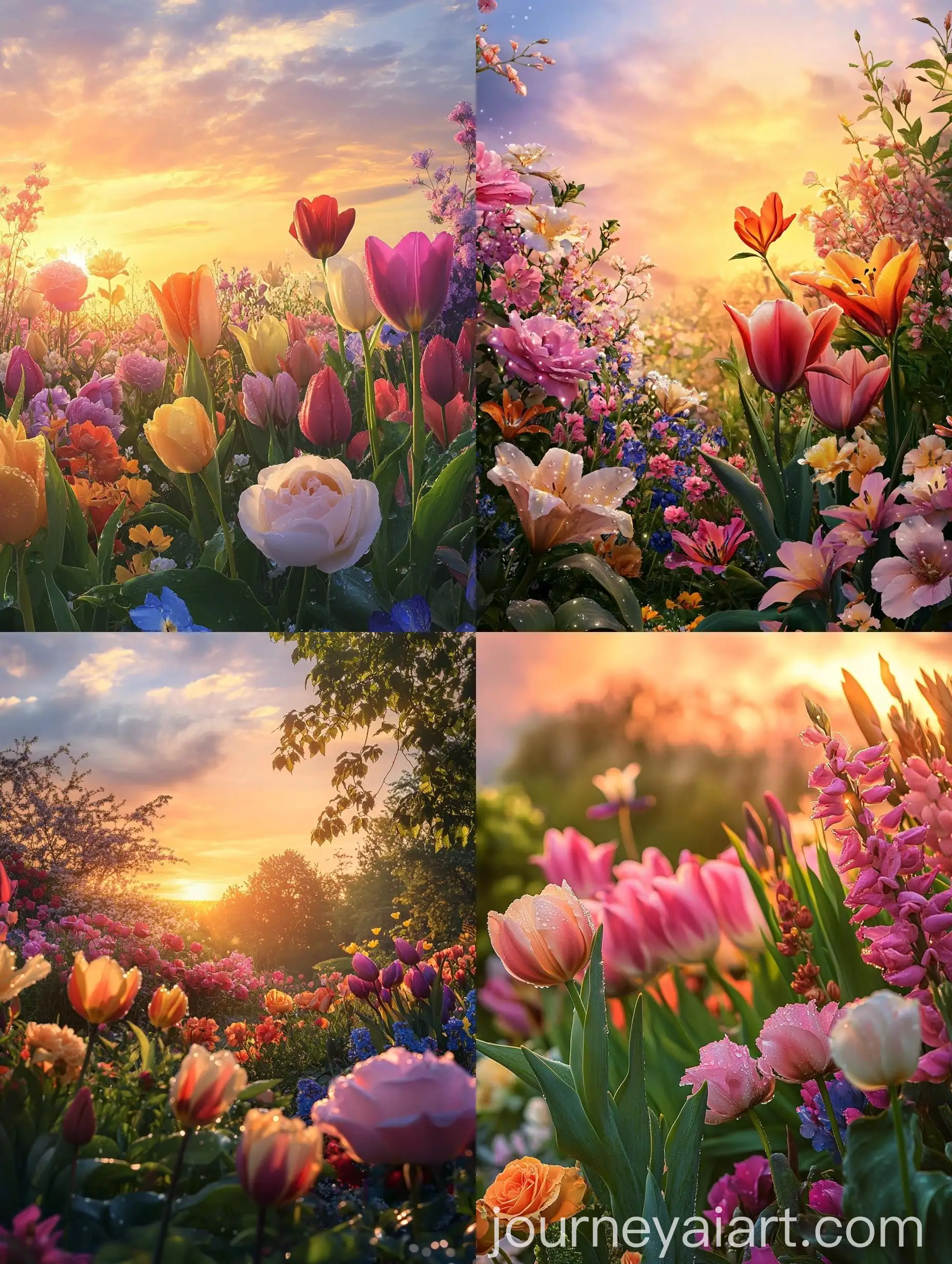 Tranquil-Garden-Sunrise-with-Dewy-Flowers-in-Soft-Morning-Light